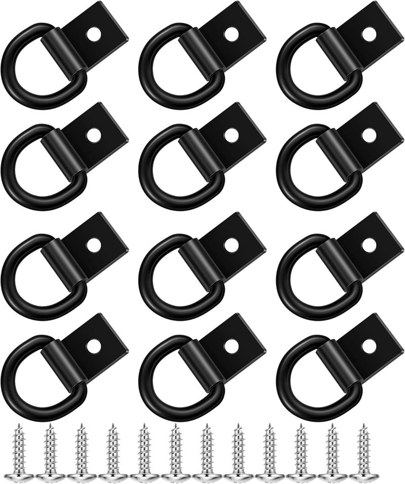 garini Black D Ring Tie Down Anchors,12Pcs Heavy Duty D Ring with Screws,Surface Mount Hooks Securing Cargo for Trailer, Truck Bed Or Deliveries - Image 1